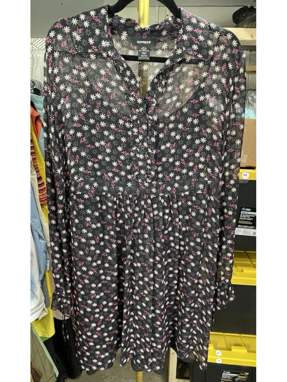 Vtg Express 100% Silk Dress Sz 13/14 Black Multi Floral Whimsy Long Sleeve